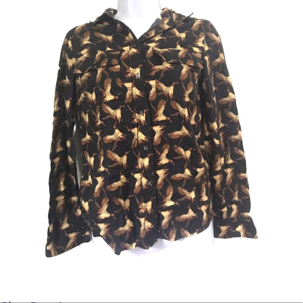L.L. Bean Black Button-Down Shirt with Gold Bird Print
